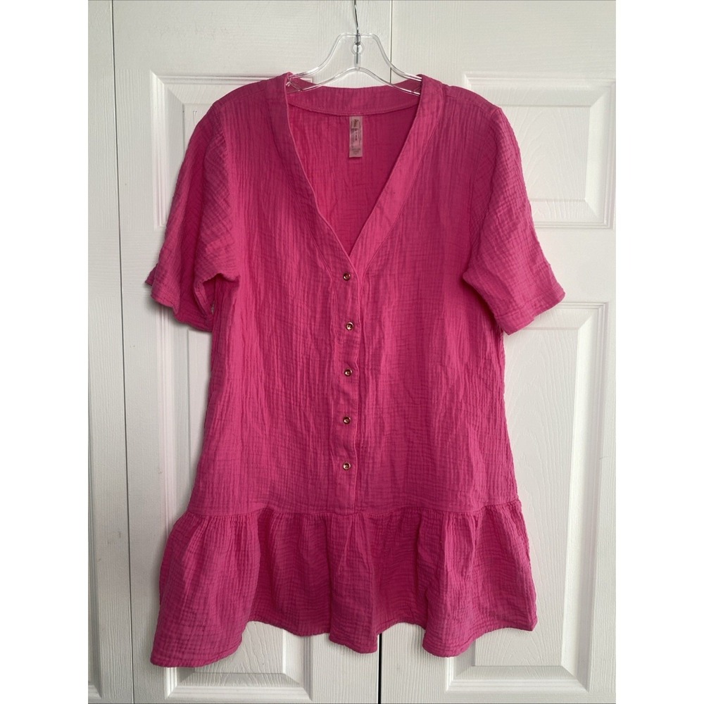 Raisins Gauze Button Down Tunic Womens Size M Pink Beach Coverup Cotton Ruffle